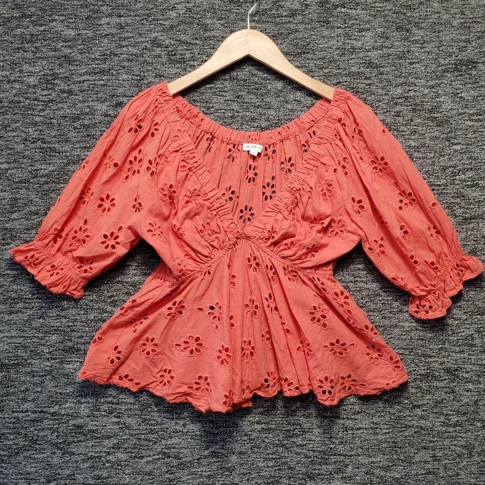 AEMI+CO Boho Eyelet Top Women Small Coral Cotton Peplum V Neck Festival Blouse